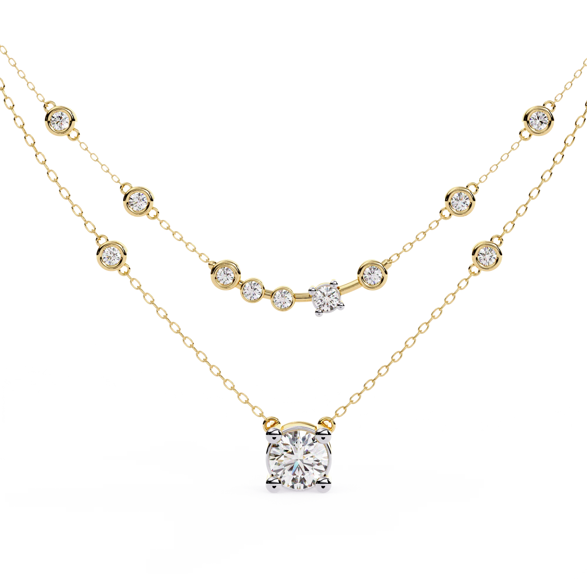3.2 Ct Lab Grown Brilliant Cut Necklace Diamond Solitaire Bezel Necklace 14K Gold Plated Sterling Silver Double  Diamond Chain
