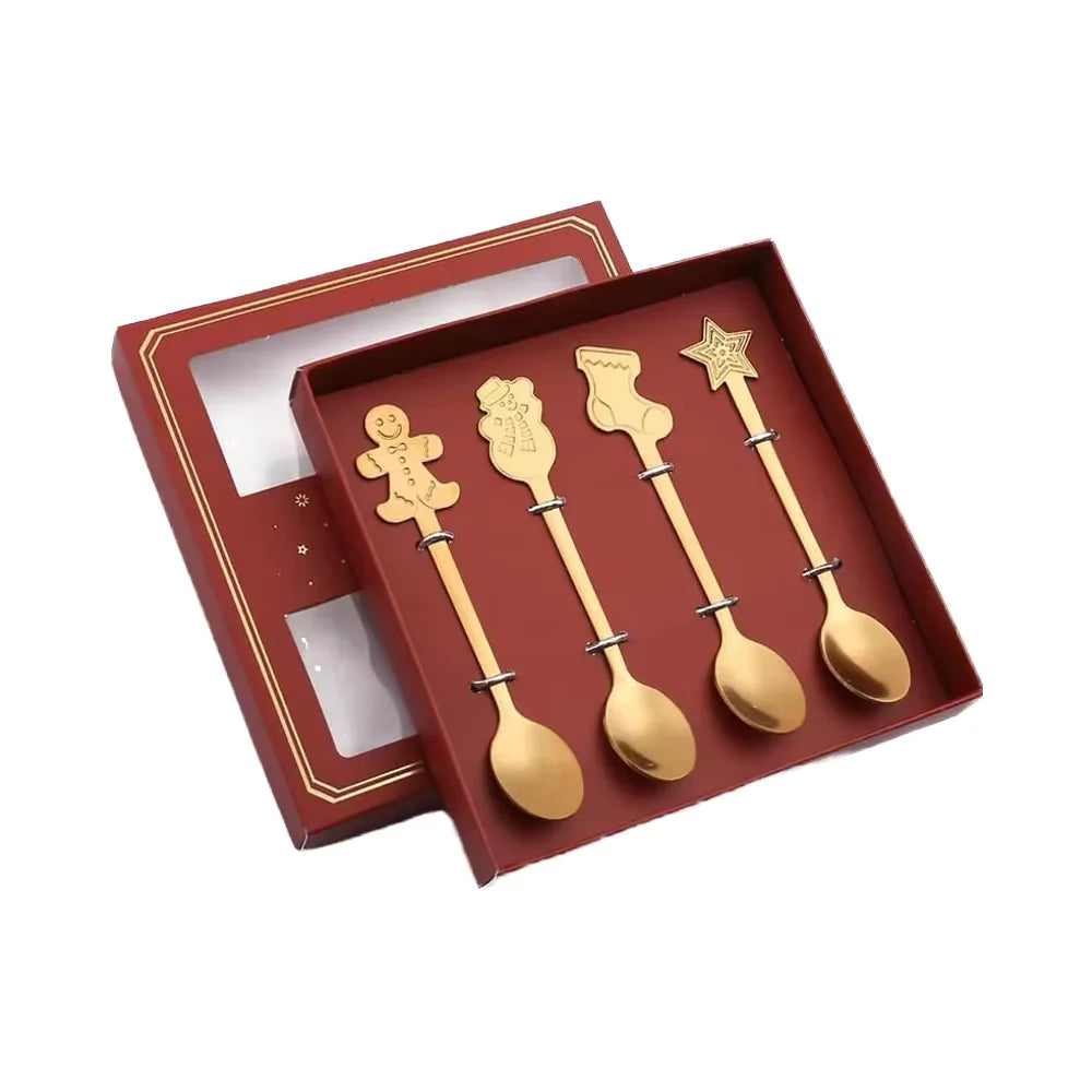 Wholesale 4-Piece Gold Christmas Spoon Set Stainless Steel Dessert Coffee Spoons Holiday Cutlery in Gift Box for Party Favor