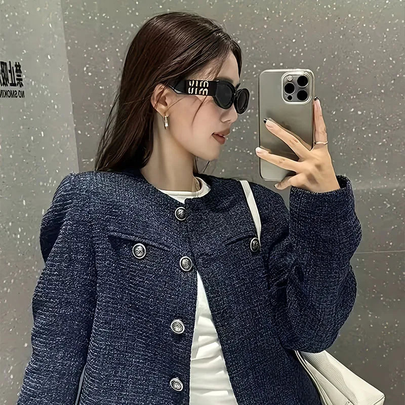 Autumn and Winter New Blue Small Building Retro Style High-end Jacket for High-end Socialites Wearing Long Sleeves Outside