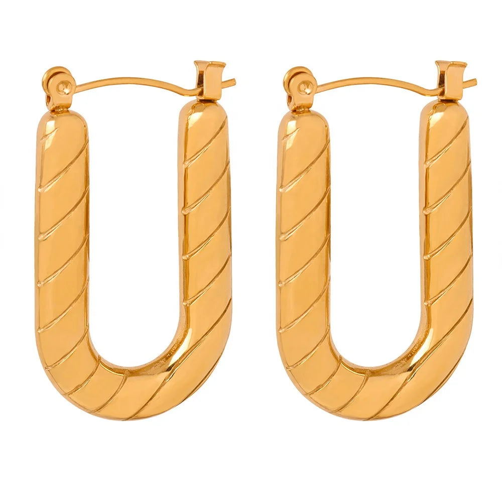 Artistical Design Personalized Jewelry 18K Gold Plated Stainless Steel Rectangle U Shape Texture Huggie Earrings