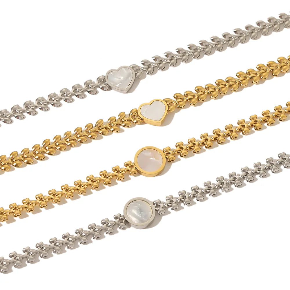 New White Mother-of-Pearl Round Heart Charm Bracelet Stylish & Versatile Wheat-Link Stainless Steel Jewelry 18K Gold-Plated