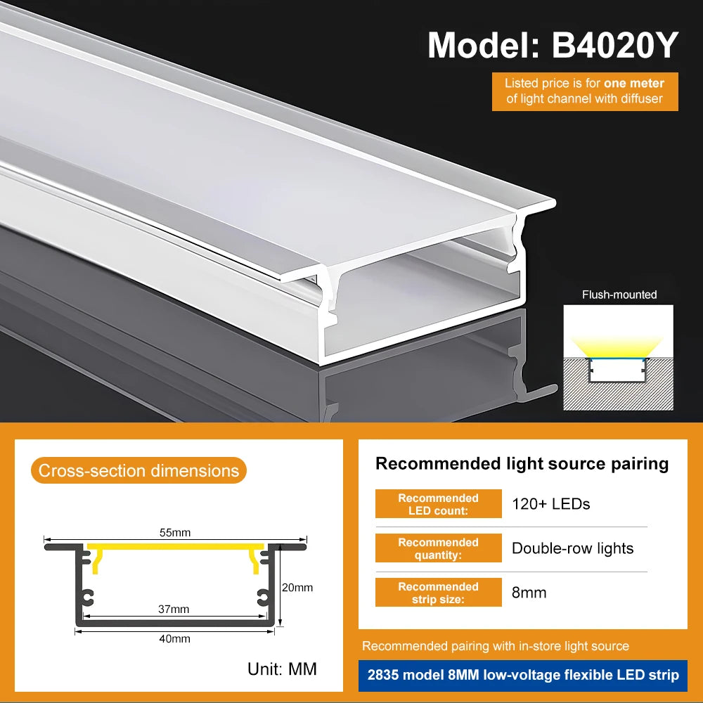 ESann B4020Y Indoor Covered Channel LED Strip Light Aluminum Profile Linear LED Light