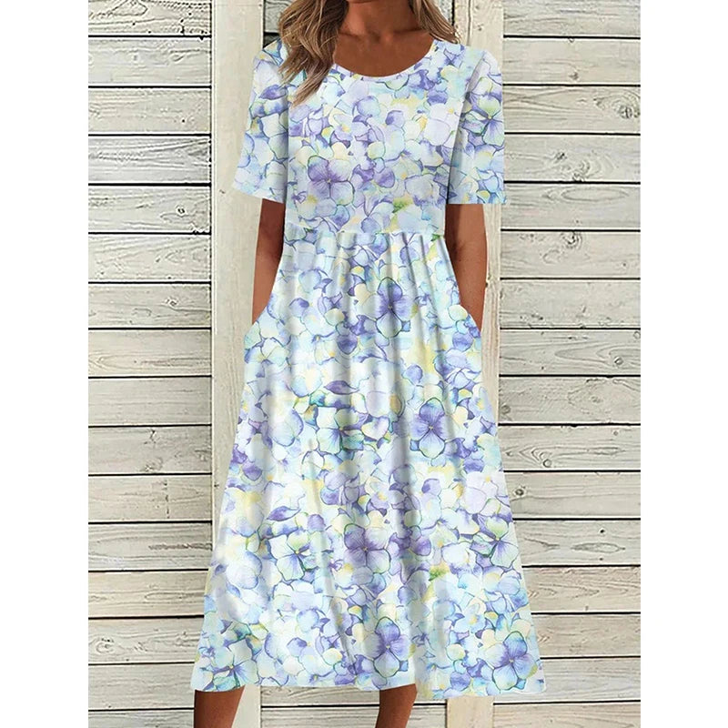 2025 Cross-Border Summer New Style Women's Casual Dress: Mid-Rise Round Neck Printed Flared Silhouette