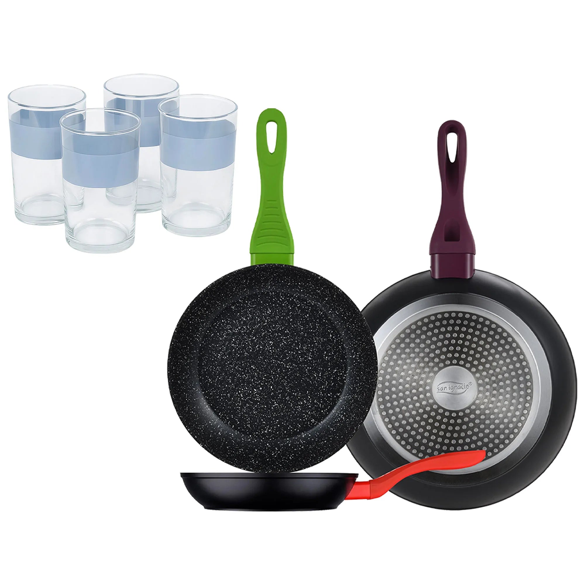 Set of 3 San Ignacio 20/24/28 forged aluminum frying pans induction compatible + Set of 4 0.5L glasses