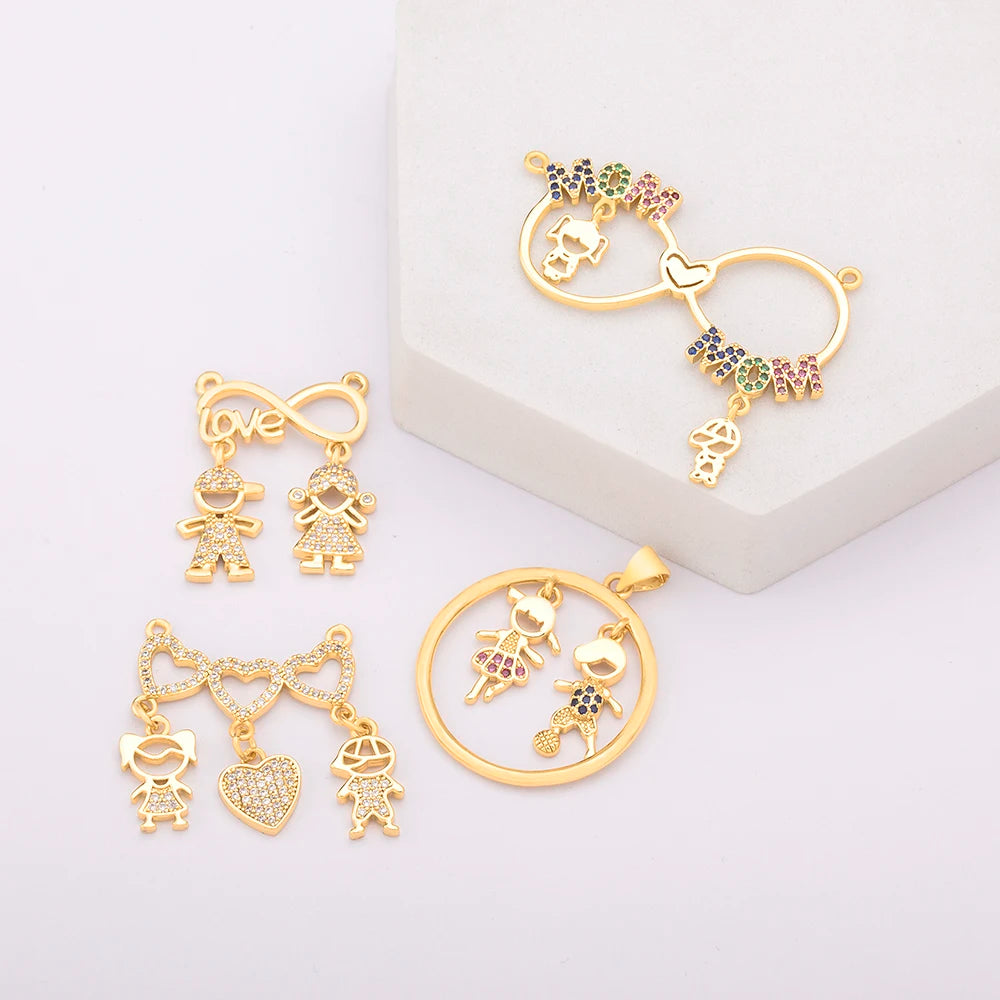 Wholesale Gold Plated Mom Theme Jewelry Charms Set Children Infinity Love Pendants with CZ Inlay for DIY Jewelry Making