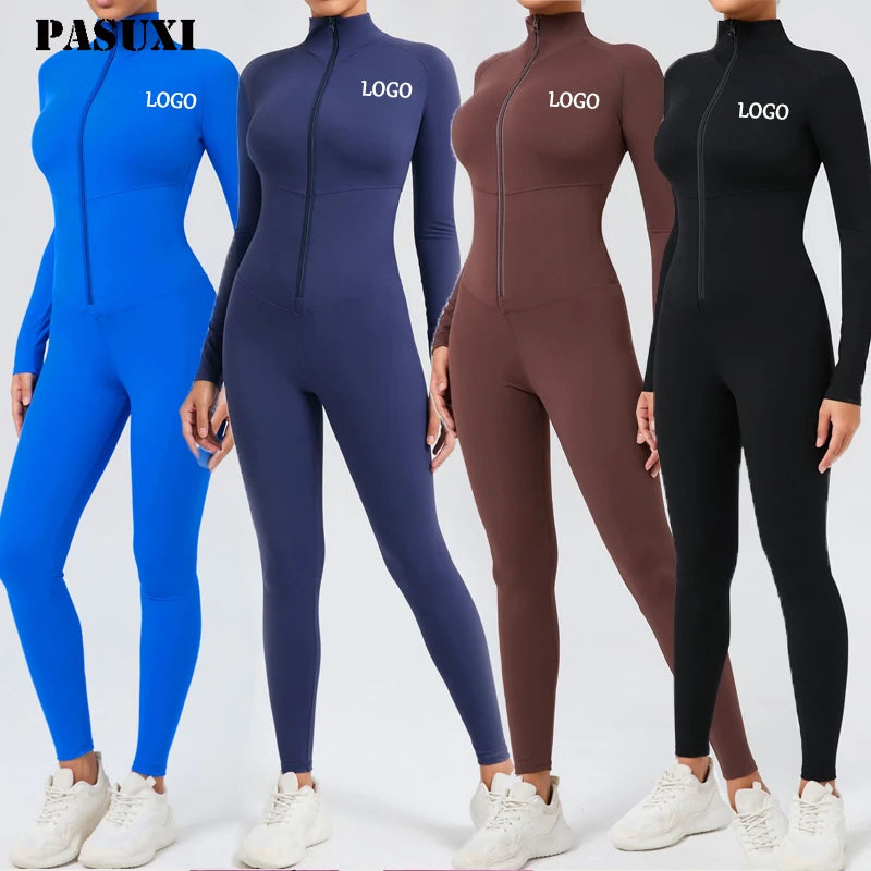 PASUXI 2025 Custom Logo Women's Fitness Bodysuit Trendy Long Sleeve Yoga Jumpsuit with Half-Zip Sports Outfit