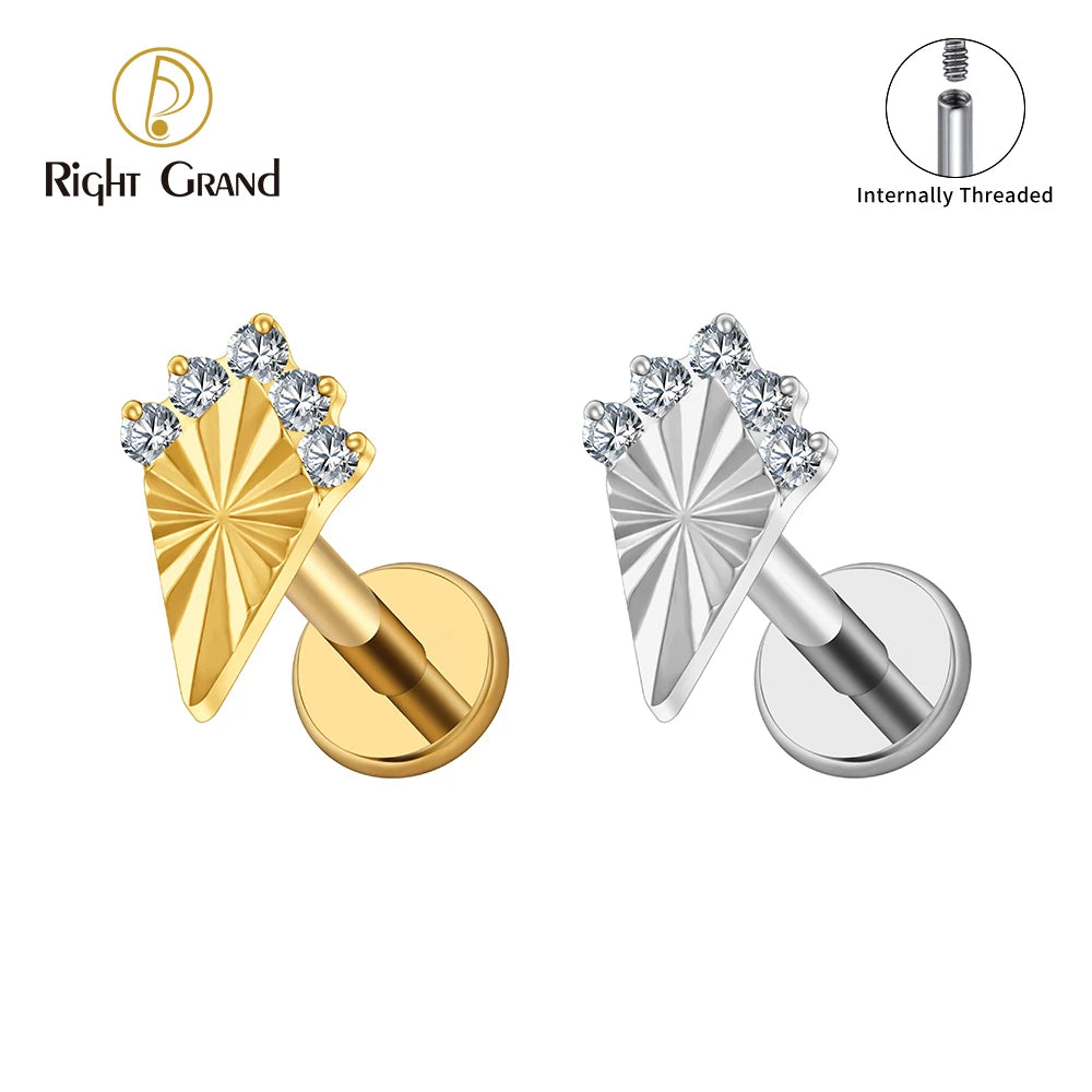 ASTM F136 Titanium 16G Internal Thread CZ Brilliant Kite Flat Back Stud Labret Tragus Helix Cartilage Conch Earring Piercing MegaBDM