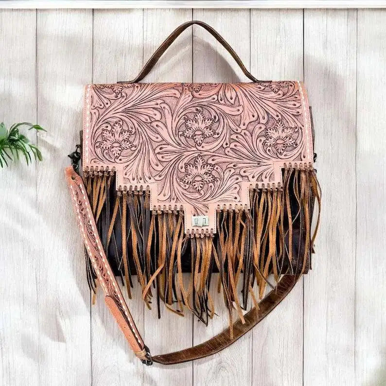 Exclusive Vintage Bohemian Lady Design Hand Tooled Florals Carved 100% Genuine Leather Lightweight Fringe Purse Single Strap Bag