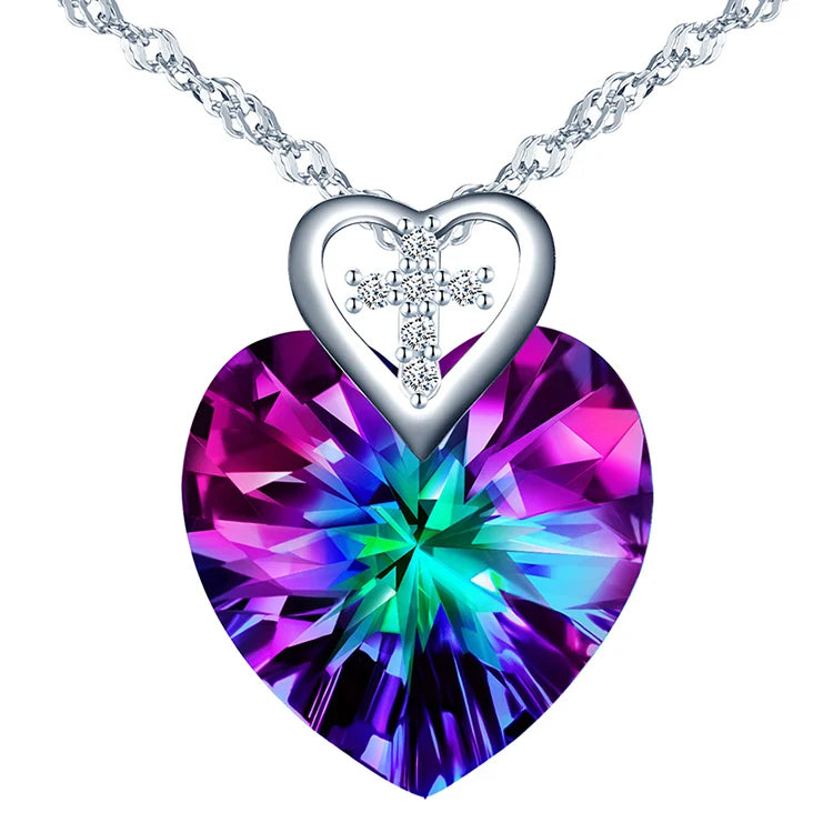 S925 Silver Zircon Love Heart Crystal Pendant Necklace for Women Fine Christmas Cross Heart Necklace
