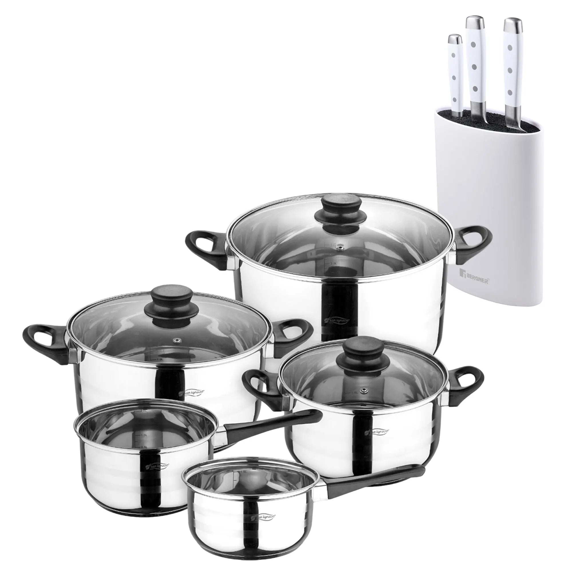 San Ignacio+ Bergner NATURALLY Eight-Piece Cookware Set 3 Stainless Steel Knives + Block in White