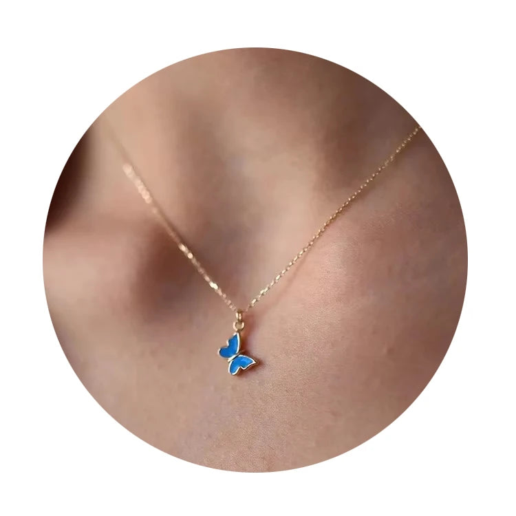 Dainty Stainless Steel Enamel Jewelry Blue butterfly Pendant Necklaces