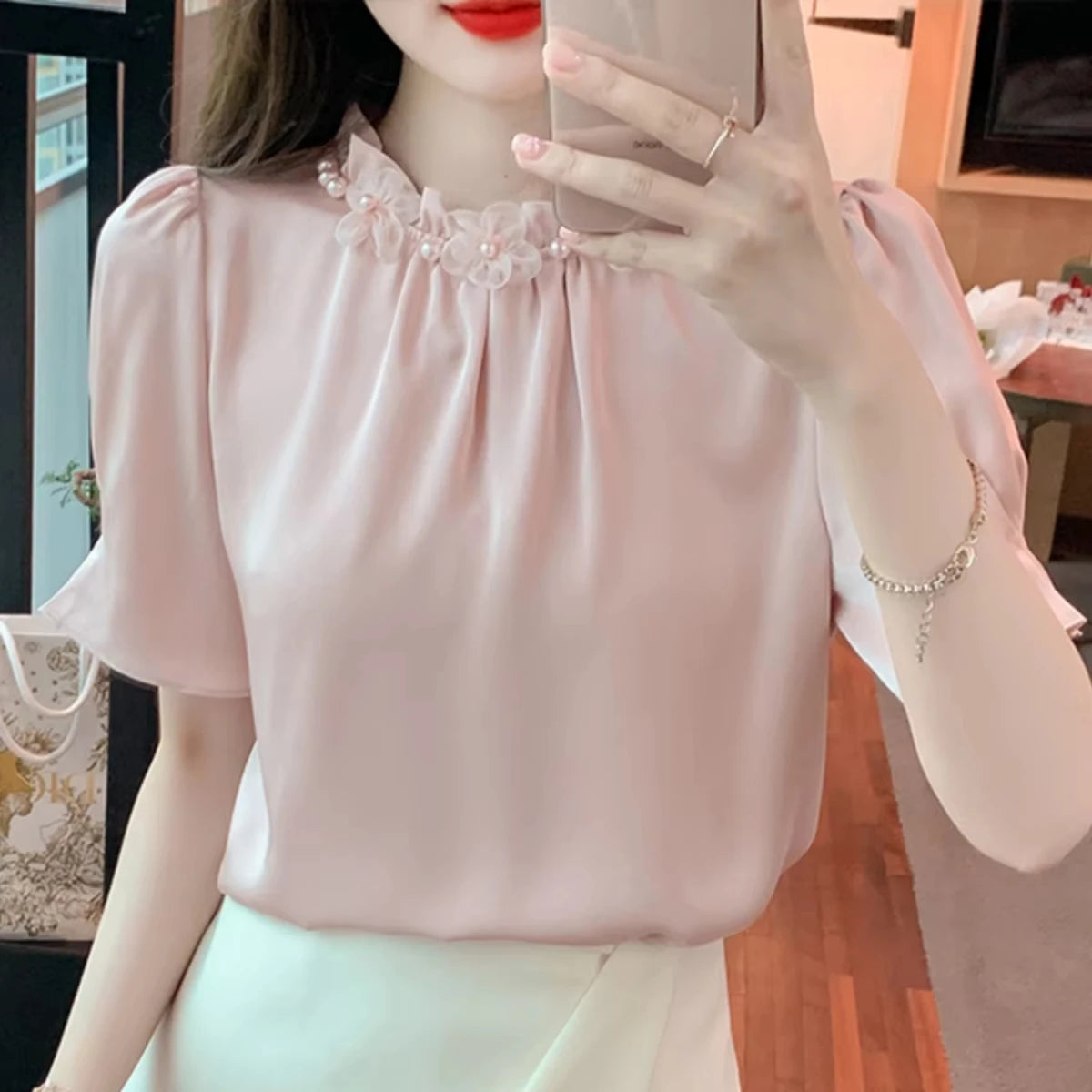 Flower Pearl Satin Blouse for Women Stand Collar Korean Chiffon Top Plain Dyed Solid Pattern Office for Spring Autumn Seasons
