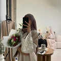 LM084 Gorgeous Daisy-Embroidered Linen Maxi Abaya Dress Closed Design with Belt Exuding Modesty