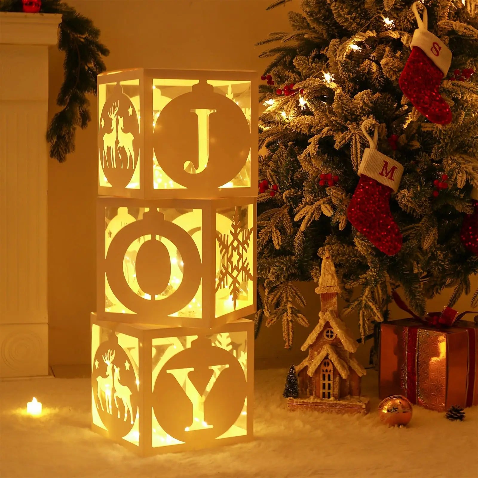 Christmas Hollow Box Snowflake JOY Boxes With Light Merry Christmas 2026 Xmas Ornaments Natal Gifts New Year Decoration