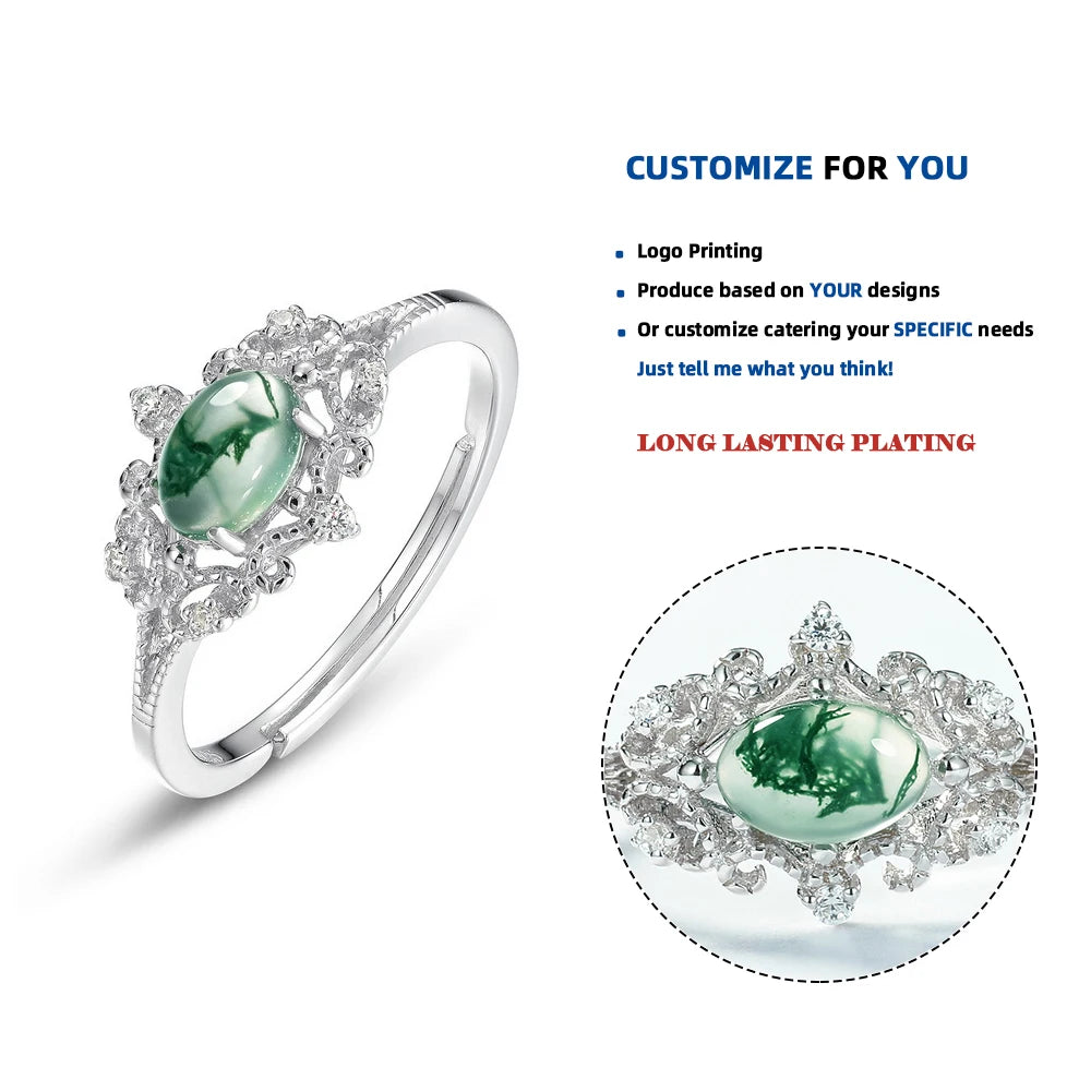 R006000-L 925 Silver Jewelry Retro Natural Water Grass Agate Open Ring Round Shape Natural Green Moss Agate Ring for Women