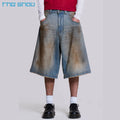 Custom Men's Denim Jorts Vintage Streetwear Straight Cut Baggy Pants with Embroidered Distressed Dark Washed Cotton 100% Cotton