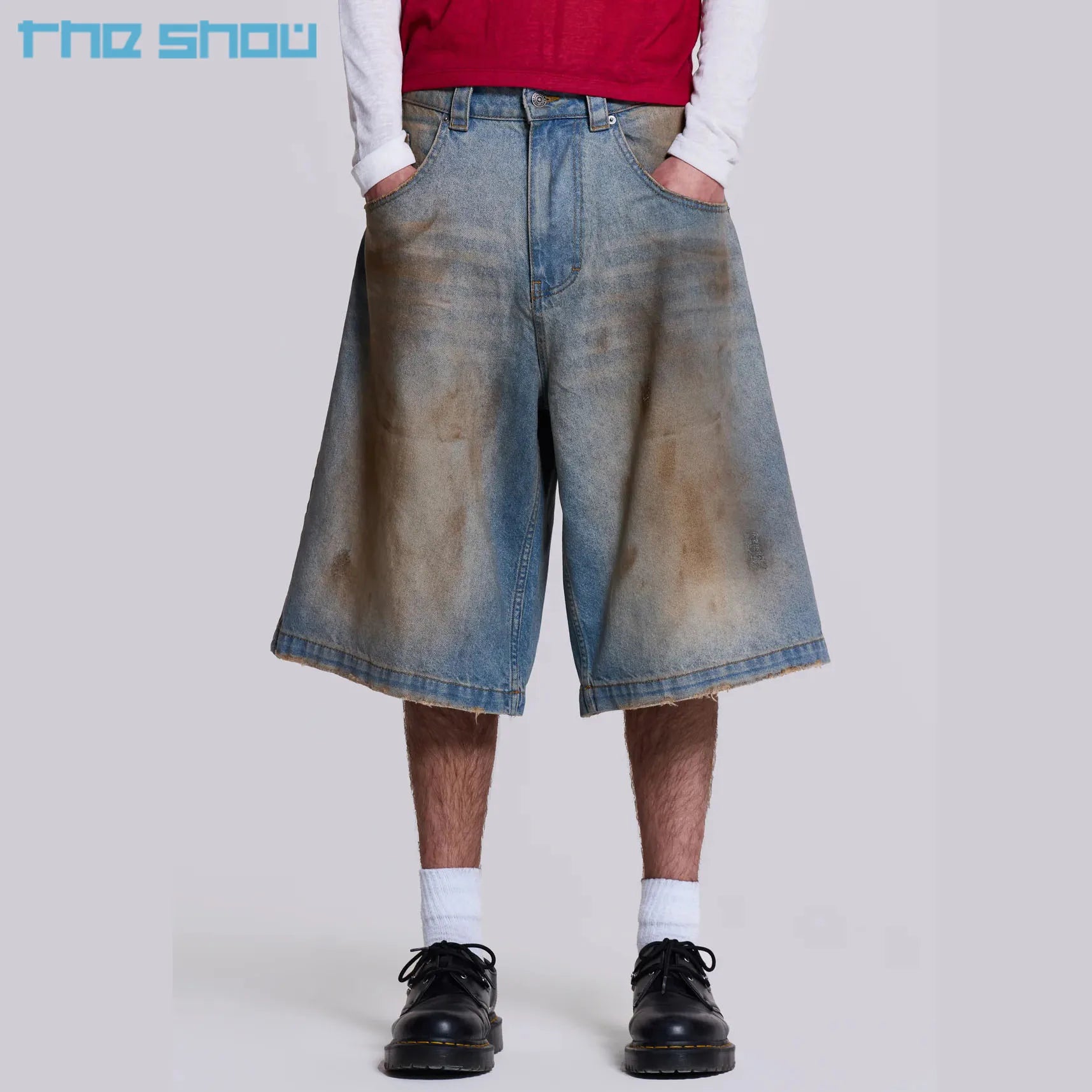Custom Men's Denim Jorts Vintage Streetwear Straight Cut Baggy Pants with Embroidered Distressed Dark Washed Cotton 100% Cotton