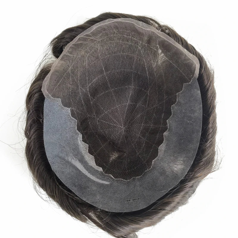 90% Density Q6 PU Thin Skin Swiss Lace Base Natural Human Hair Men Male Toupee With Front Bleached