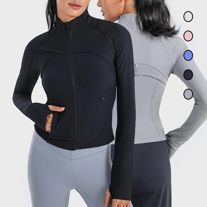 High Elastic Breathable Running Workout Coat Thumb Holes Gym Fitness Sports Jacket Women Clothing Long Sleeve Zipper Yoga Jacket