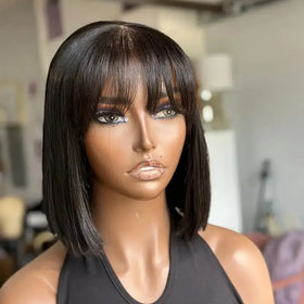 Human Hair Wig with Fringe bob Straight for Black Women Daily Party Use Super Double Drawn with High Density Top Quality