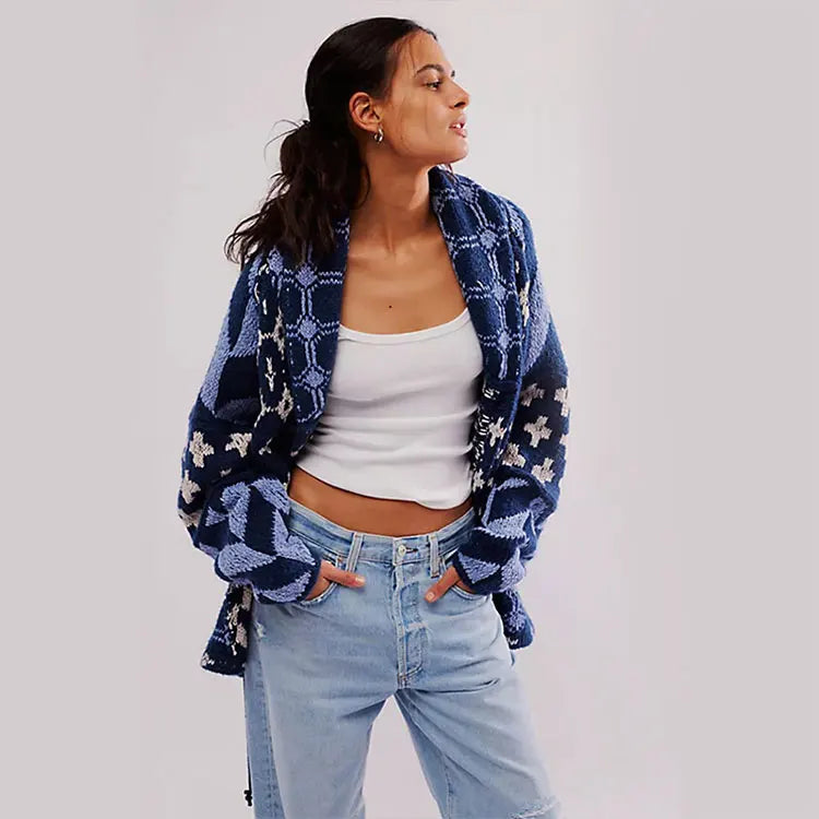 2026 Autumn Winter New EU/US Women's Sweater - Abstract Print Collared Loose Long Sleeve Knit Top