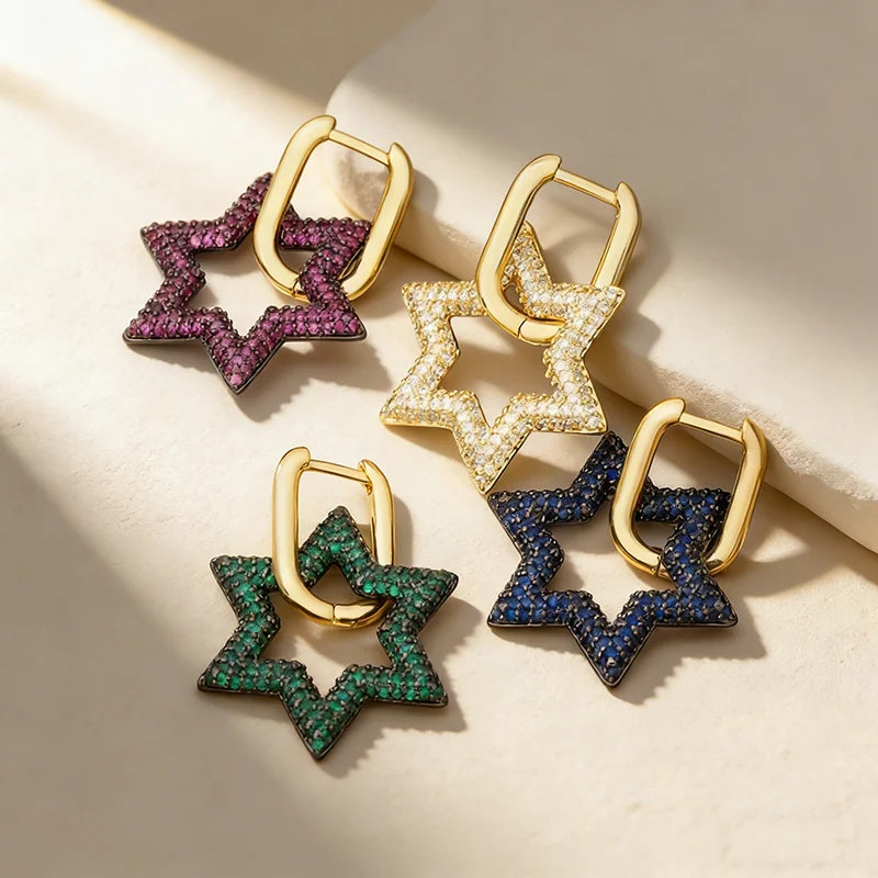 QIKU Hot Sale Fashion Star Shape Drop Earrings Copper Zircon Inlay Crystal Jewelry Gift Women Wedding Party Accessory Wholesale