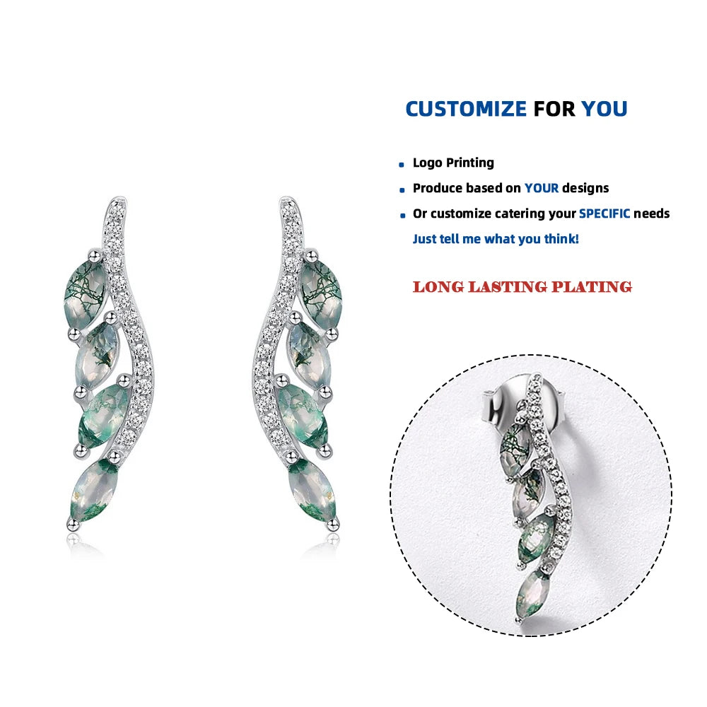 ER020054 925 Sterling Silver Leaf Shape Stud Earrings for Woman Natural Unique Stone Moss Agate Engagement Gift Luxury Jewelry