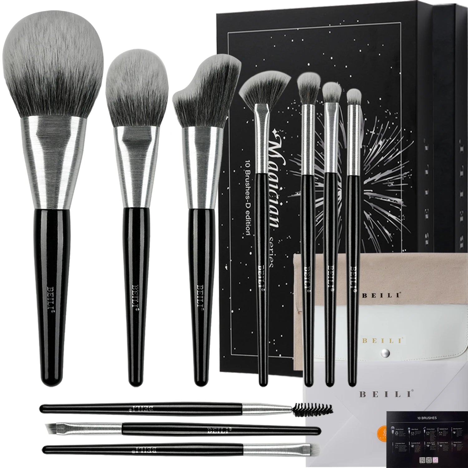 Professional Black Pearlescent Wood Handle Eyeshadow Powder Contour Natural Hair Makeup Kit With Case