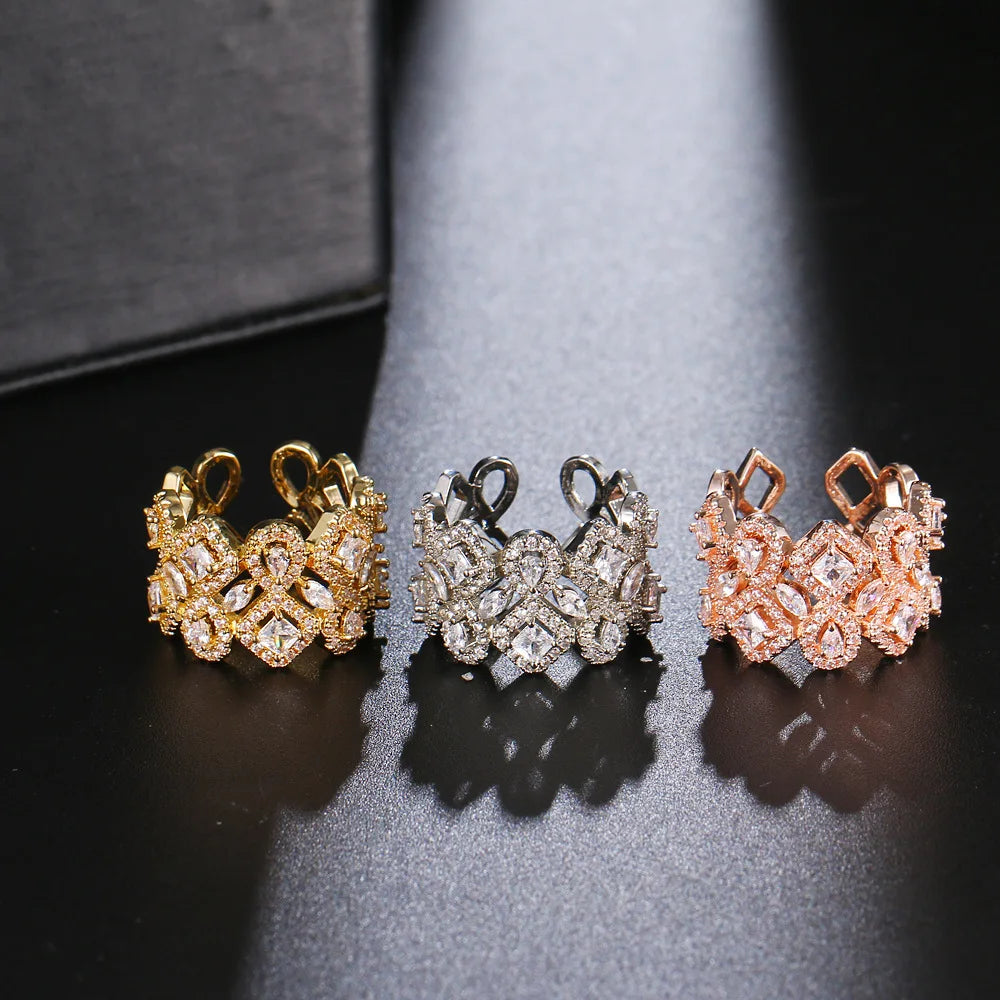 Fenyi Wholesale Jewelry Fashion Shining White Cubic Zirconia Crystal Hollow Wedding Wide Open Finger Bracelet Ring Women