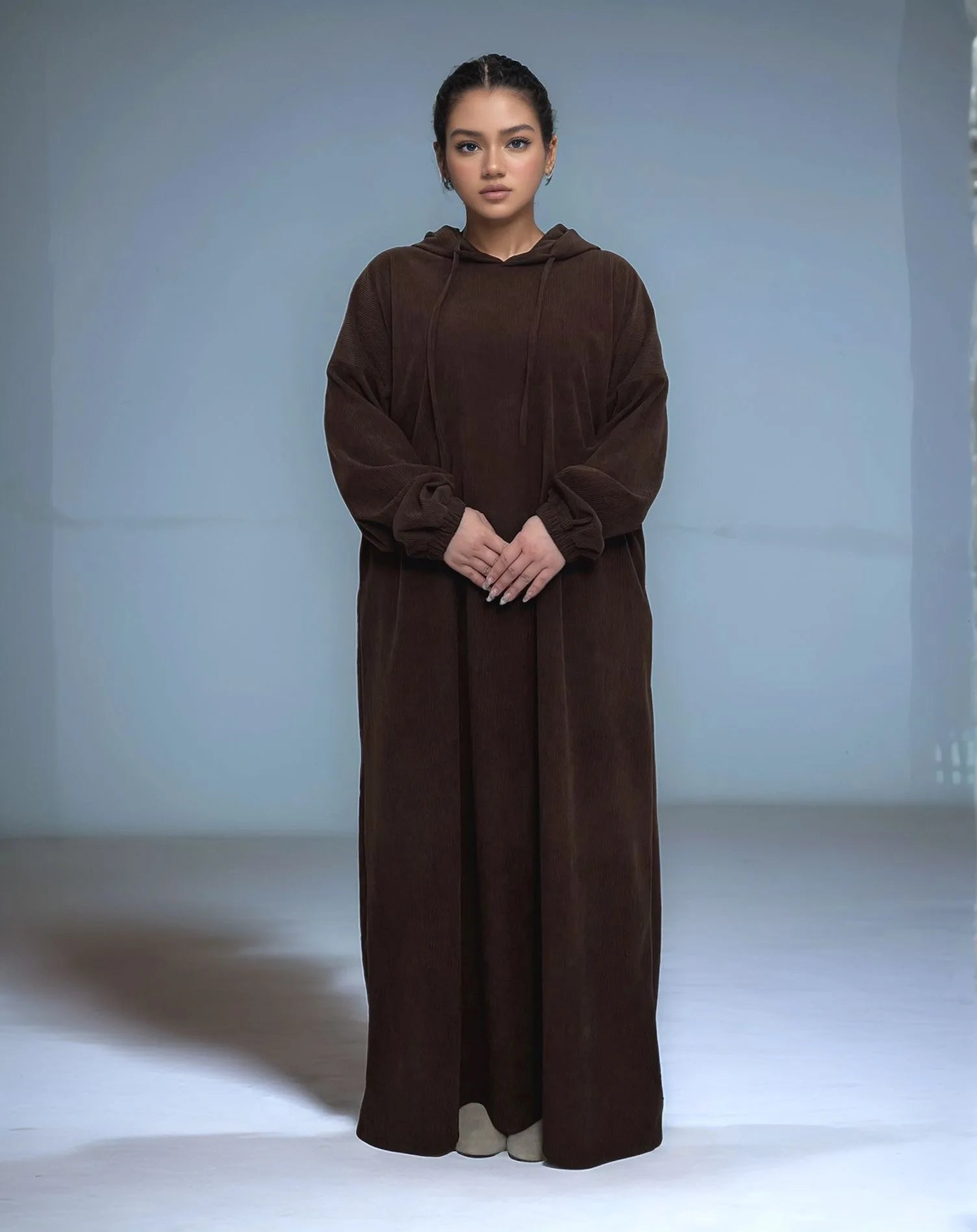 LM055 Corduroy Hooded Drawstring Muslim Robe for Daily Casual Streetwear