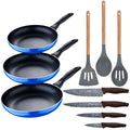 3pc frying pan set (16+20+24cm) pressed aluminum induction navy blue paradise with 3pc kitchen utensil set silicone wood with