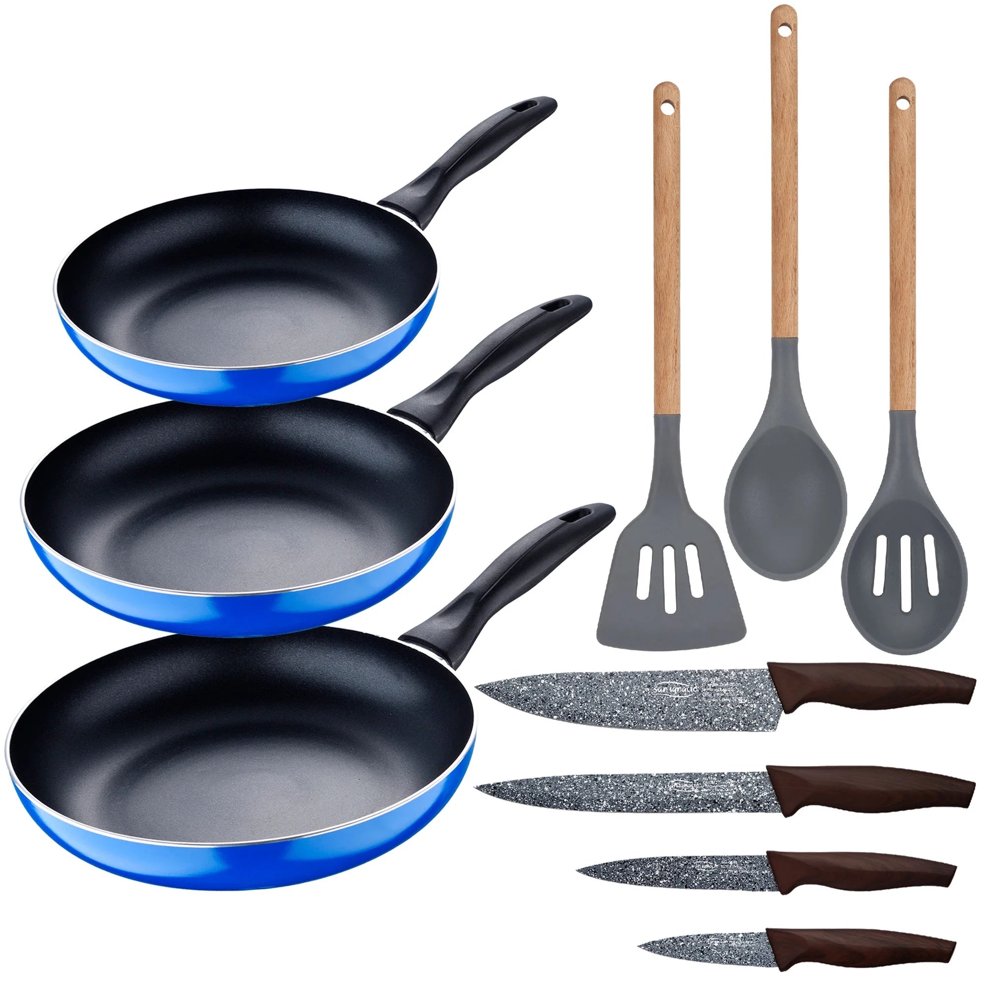 3pc frying pan set (16+20+24cm) pressed aluminum induction navy blue paradise with 3pc kitchen utensil set silicone wood with