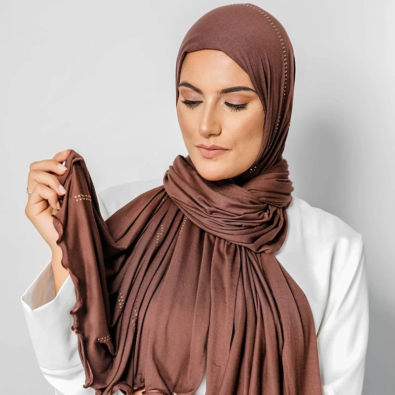 New Stretchy Crystal Jersey Hijab With Stone and Ribbons Custom Rhinestone Hijab LOGO Ethnic Jersey Scarves Shawls