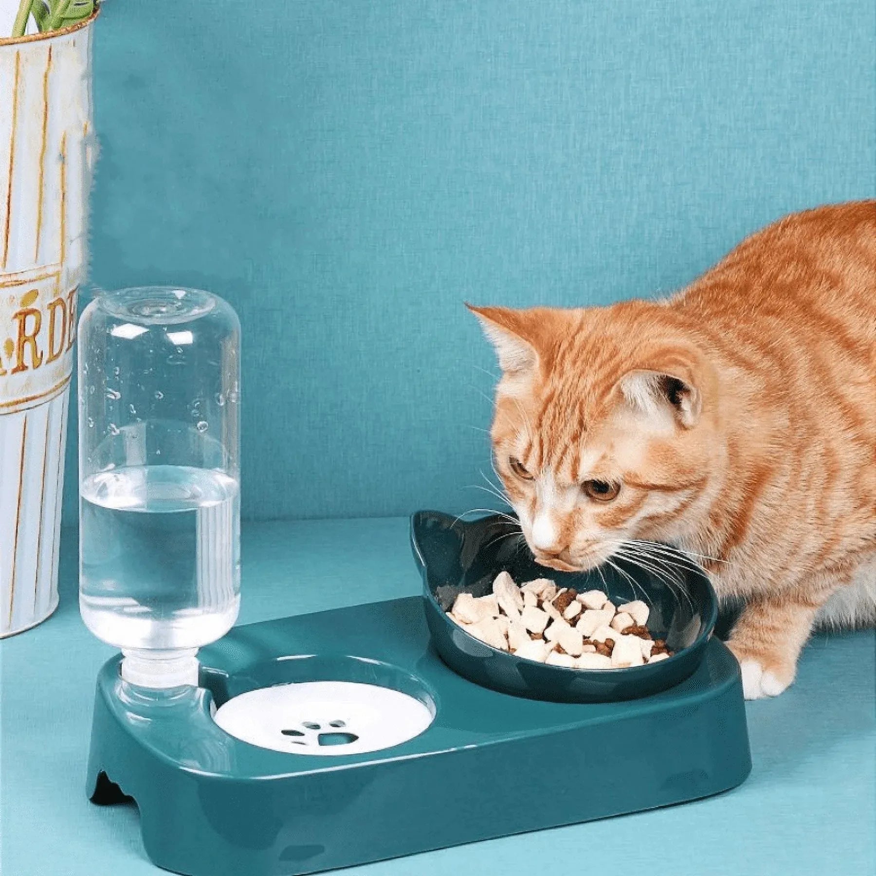 Double Elevated Pet Cat Dog Food Bowl and Water Bottle Feeder Set with Automatic Gravity Water Dispenser Bottle