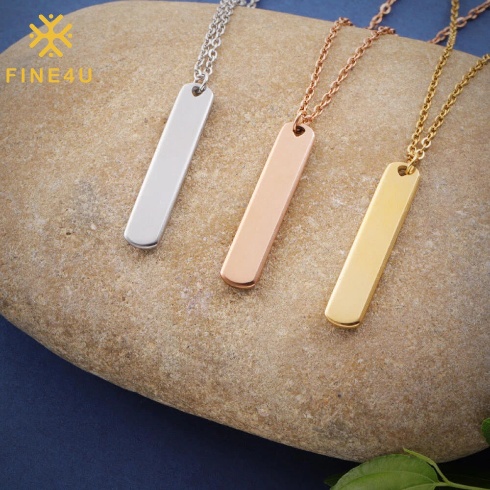 DIY Round Corner Steel Flat Rectangle Tags Necklace Custom Logo Hot Selling Stainless Steel Long Bar Pendant Necklace