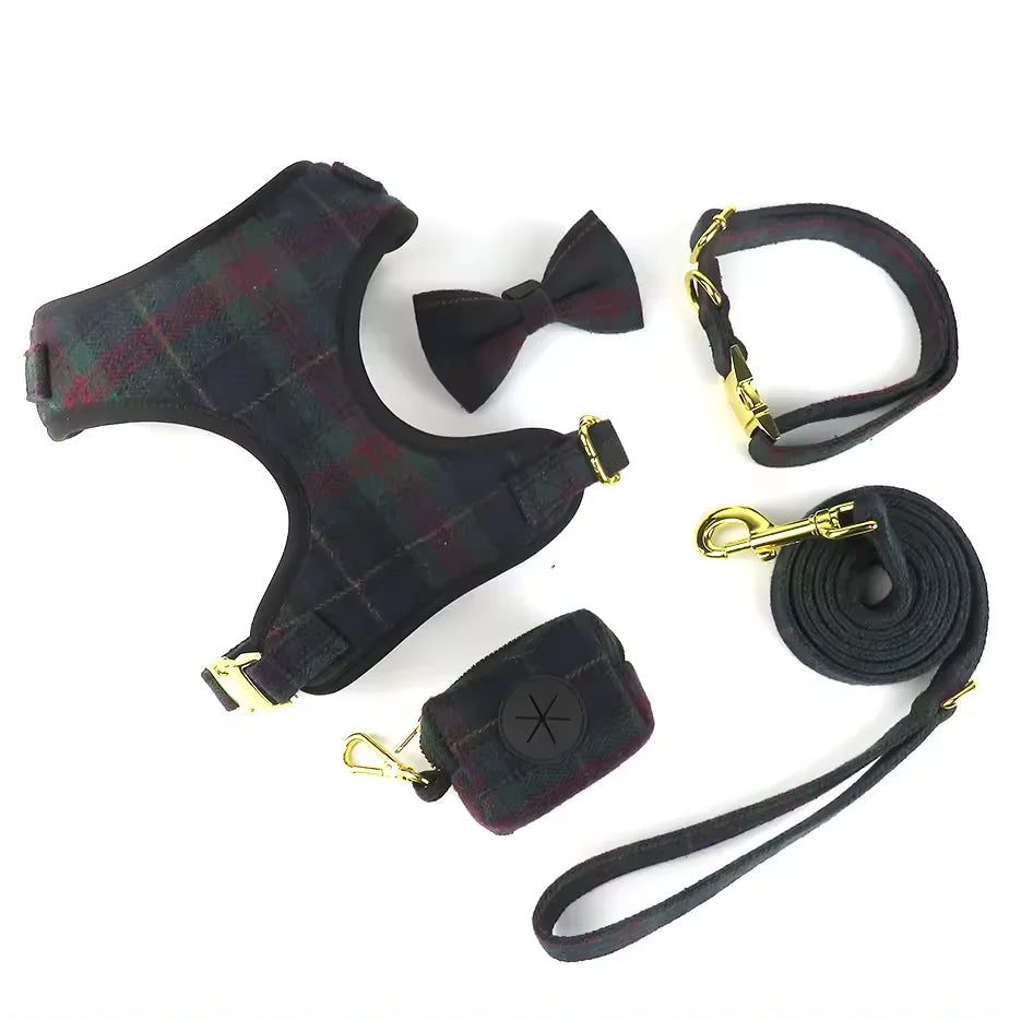 2024 Manufacture Pet Supplies No Pull Adjustable Designer Private Label Luxury Tweed Fabric Dog Cat Collar Leash and Harness Set
