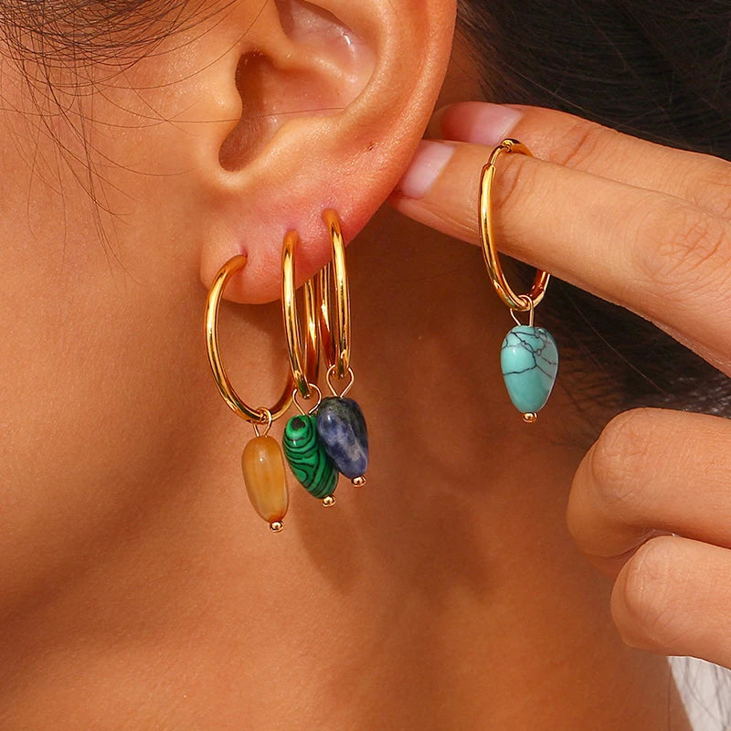 Fashion Natural Heart Shaped Gemstone Hoop Earrings Stainless Steel Hoop Earring for Girls Women Piercing Jewelry
