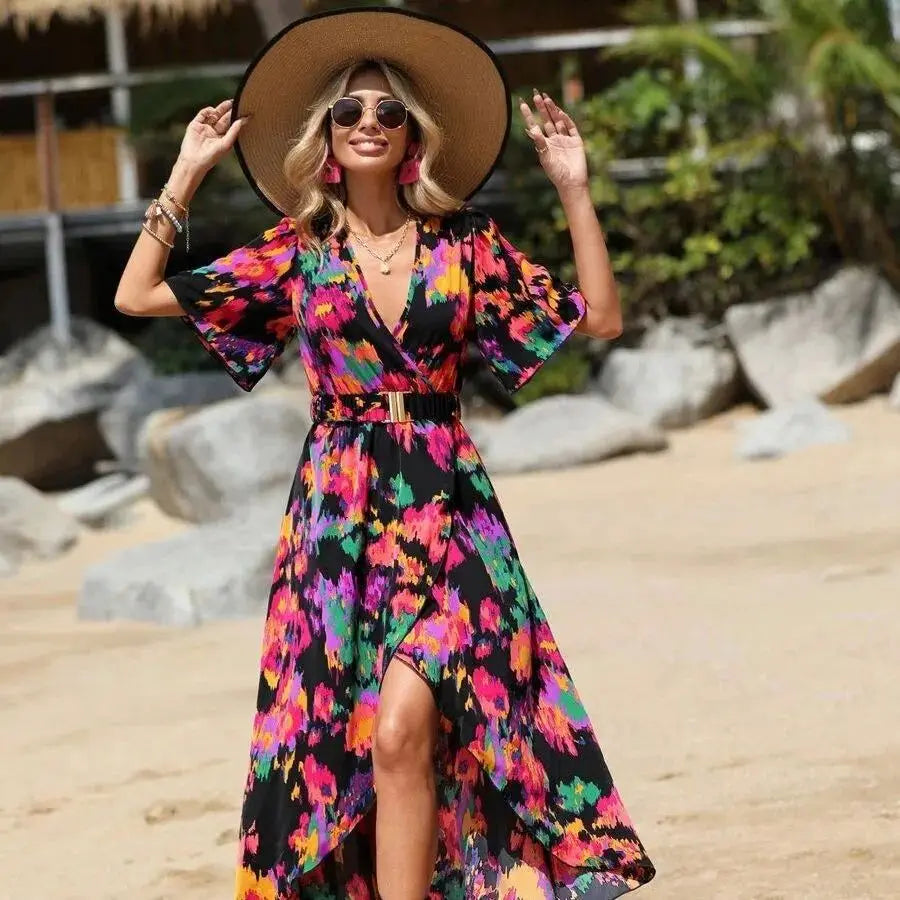 New Arrival Women's Printed Elegant & Stylish Irregular Short Sleeves Dress - Color Block Vacation Style Summer Dress for Women