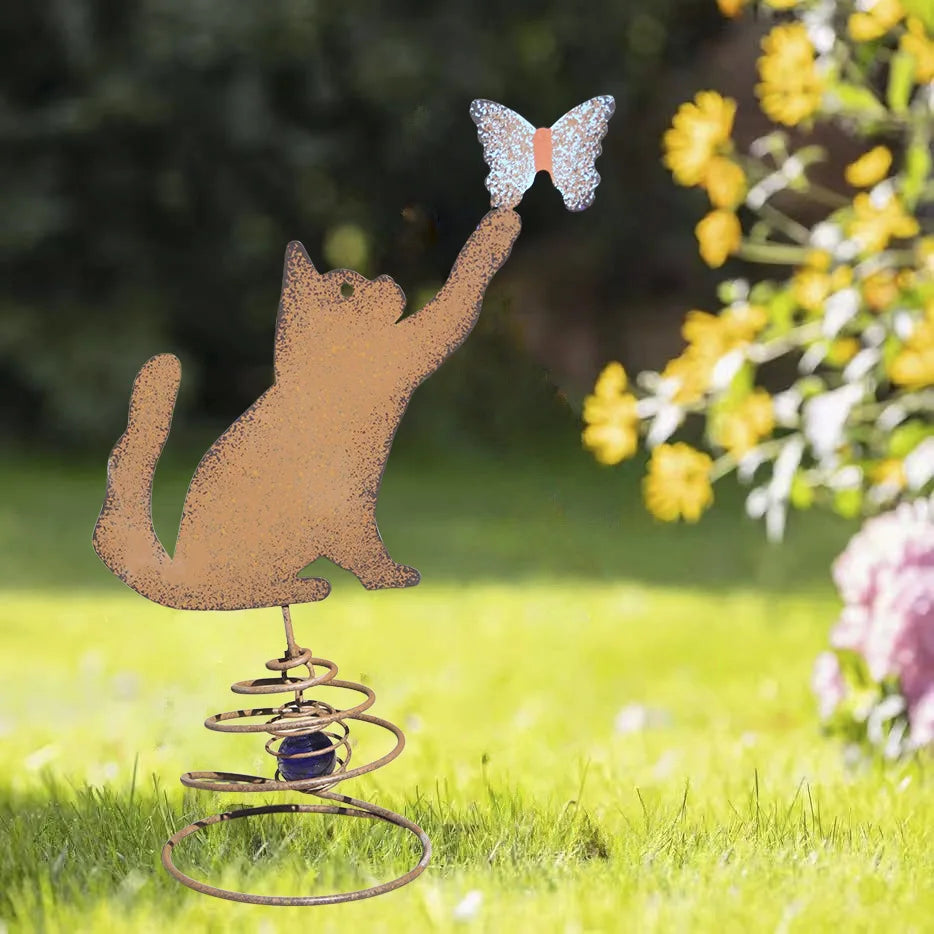 Metal Cat Garden Decor with Butterfly Outdoor Spring Animal Ornament Rusty Iron Cat Statue for Yard Patio & Lawn Decoration