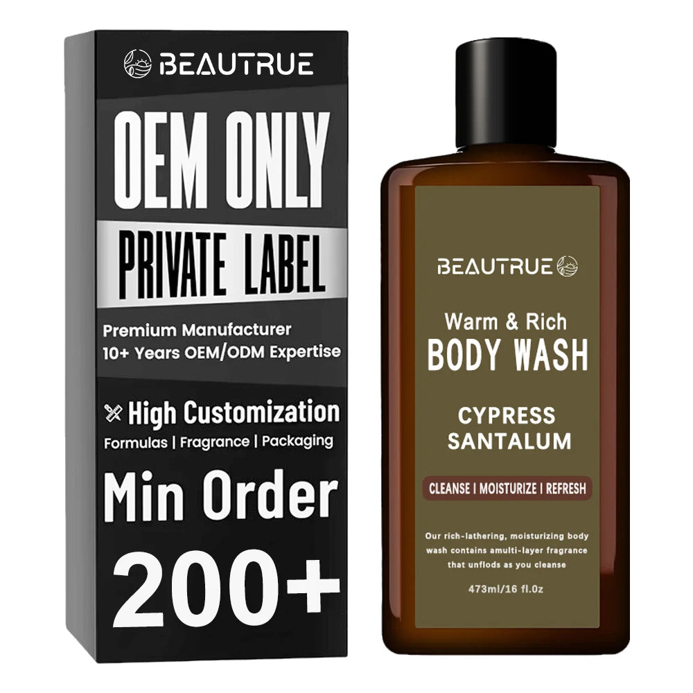 Wholesale Custom Body Wash for Men Rich Woody Scent Zesty Cypress Oud Wood Warm Sandalwood Moisturizing Gentle Skin Care