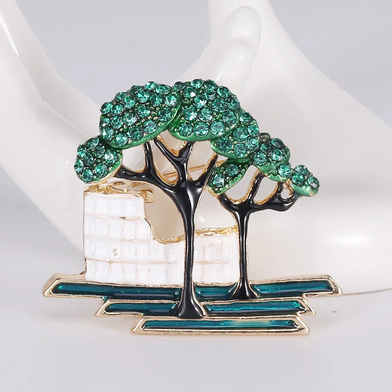 New Arrival  Crystal Zinc Alloy Women Jewelry Rhinestone Enamel Building Tree Brooch Pin