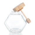 Competitive Price Transparent 100ml 220ml 380ml Empty Flat Hexagonal Honey Dispenser Glass With Bamboo Wood Lid and Stirring Rod