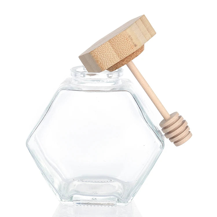 Competitive Price Transparent 100ml 220ml 380ml Empty Flat Hexagonal Honey Dispenser Glass With Bamboo Wood Lid and Stirring Rod