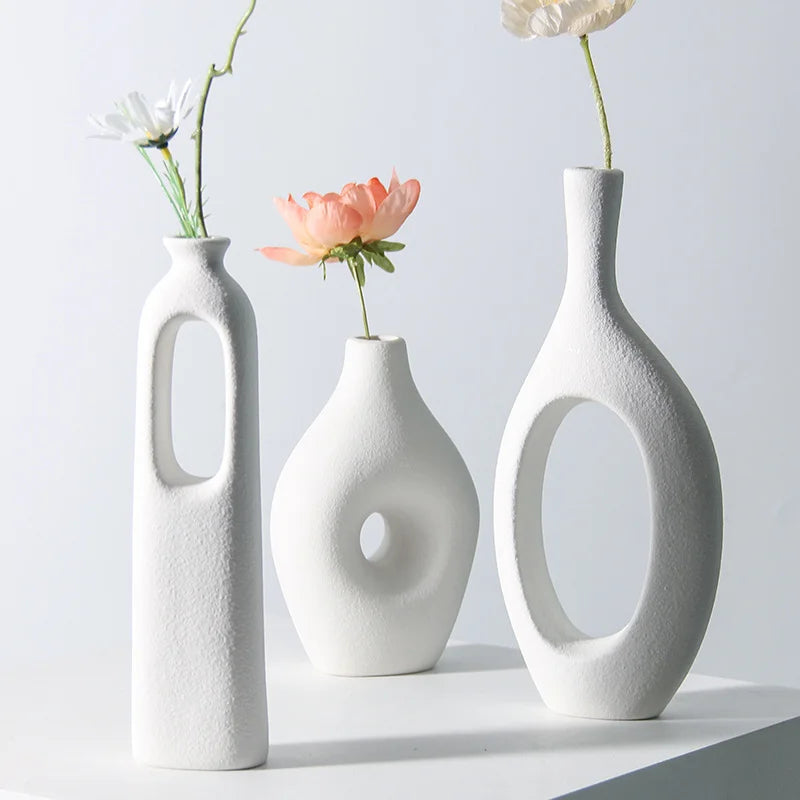 Modern Minimalist White Ceramic Vase Sculptural Hollow Design Decorative Vase for Home Decor