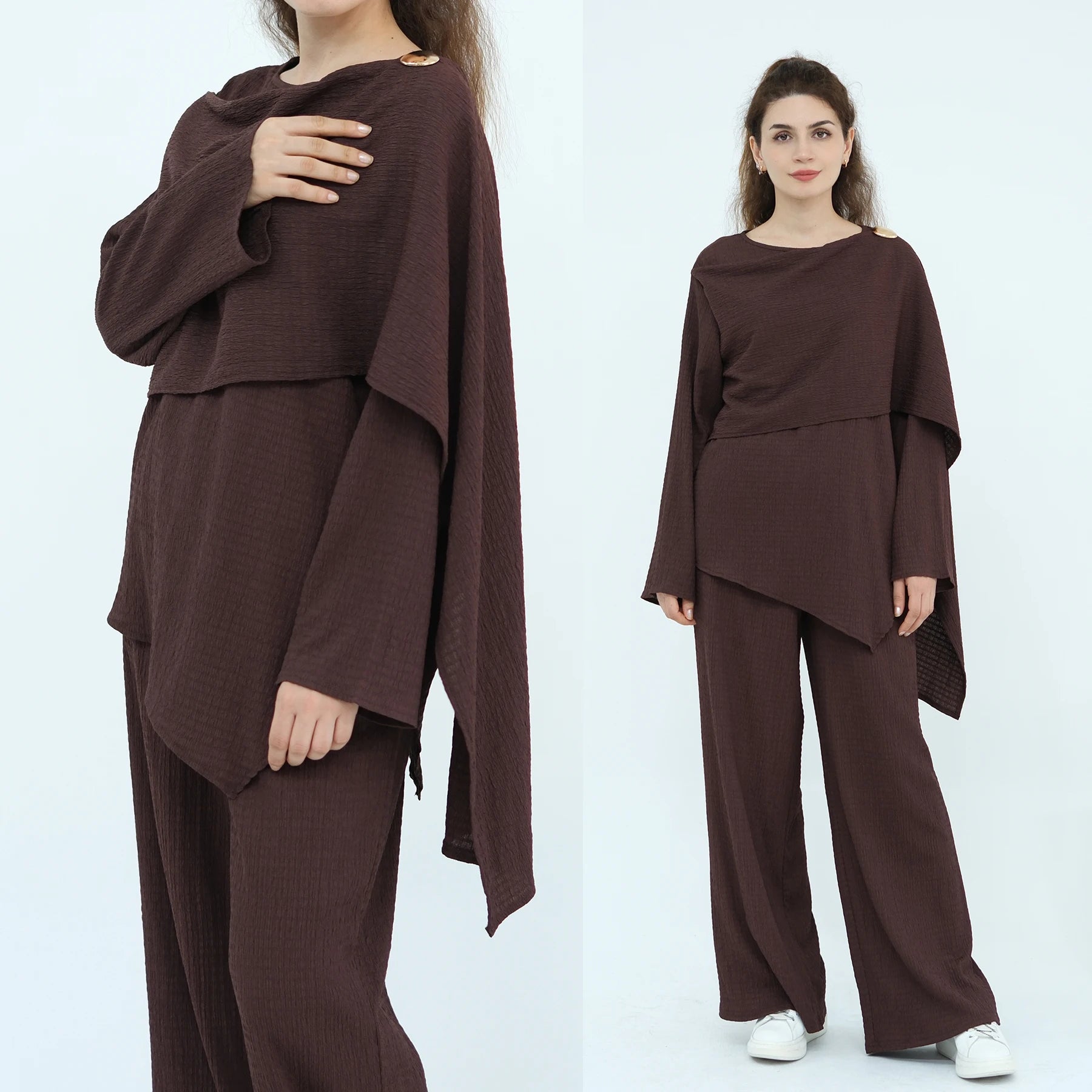 New 2pcs Set Modest Islamic Clothing Women Abaya Top and Pants Set Daily Wear Suit with Brooch Muslim Long Sleeves Suit Set