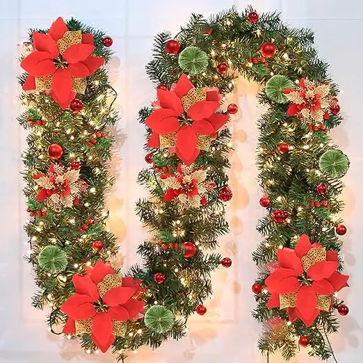 2.7m Green Christmas LED Garland PVC Artificial Xmas Tree Banner & Wreath Decorative for Holiday Home Decor MegaBDM