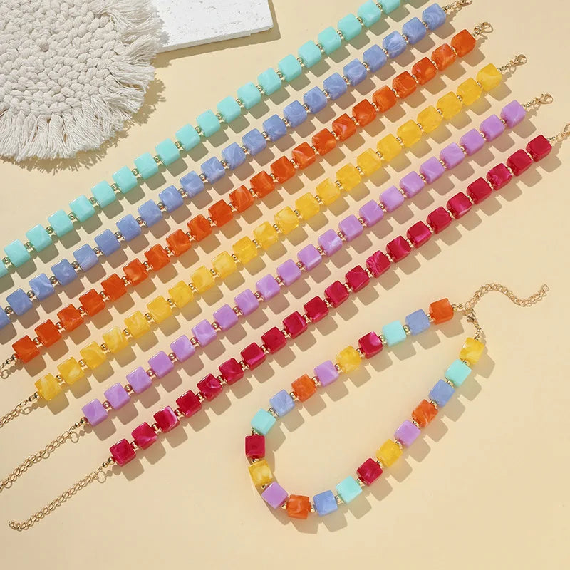 PFT Women's Trendy Acrylic Necklace with Colorful Square Beads Summer Beach Collarbone-Length Chain Perfect Gift MegaBDM