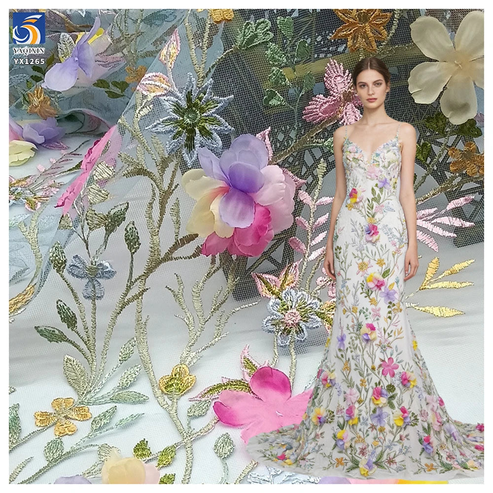 YX1265 Competitive Prices Embroidered Textile Tulle Fabrics Poly Multi-Color Candy Hand Embroidery 3D Flower Dress Fabric MegaBDM