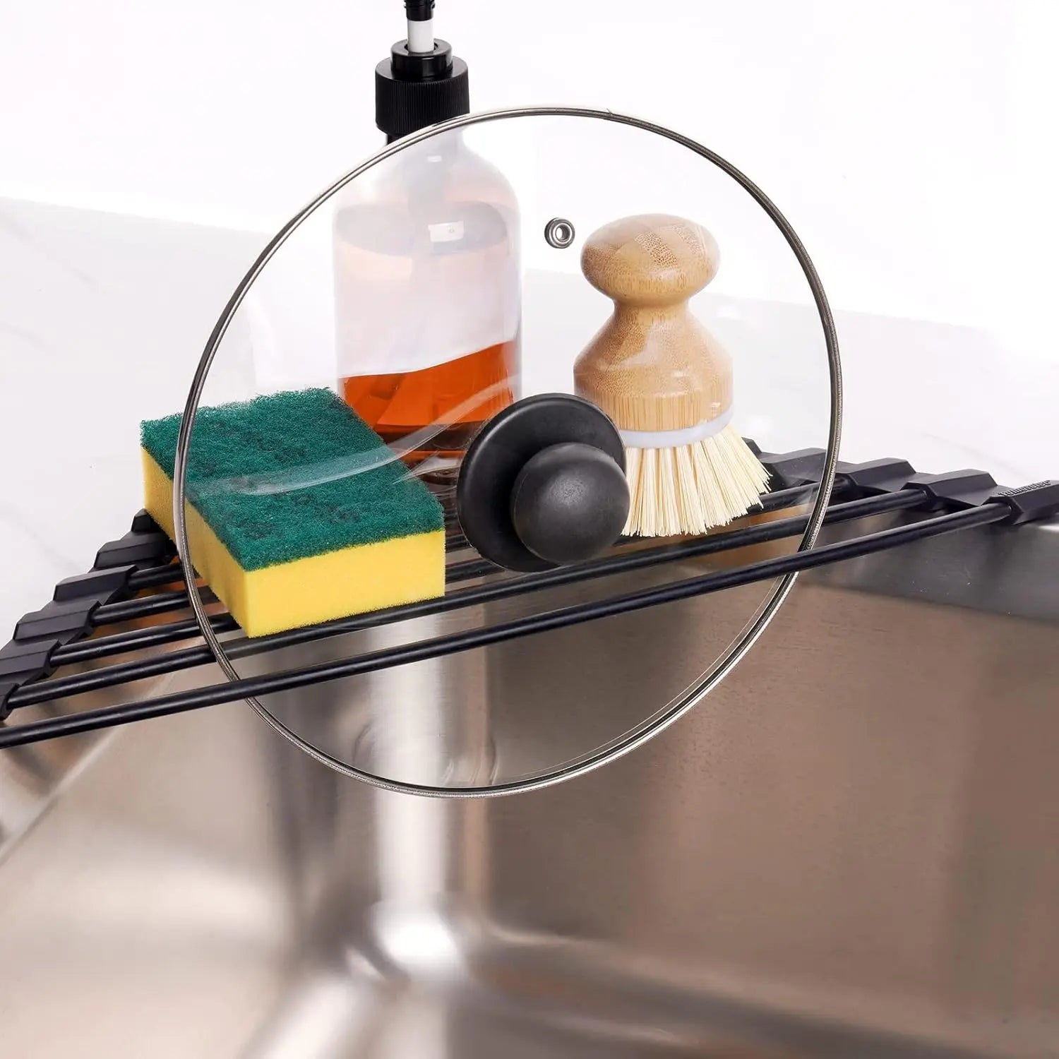 Small Triangle Roll-Up Dish Drying Rack with Silicone Coating Stainless Steel Frame for Sink Corners