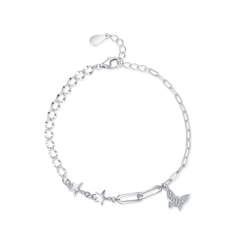 SL1665 Fine 925 Sterling Silver Irregular Link Chain Bracelet Butterfly Stars Adjustable Bracelet for Women Valentine's Day Gift